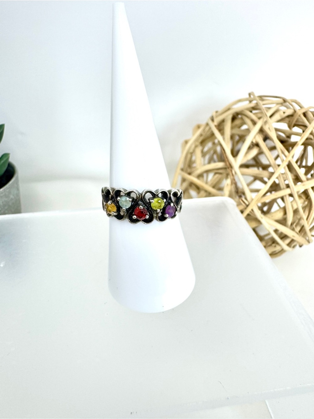 Vintage PL Signed 925 Sterling Silver Multi-Gemstone Heart Band Ring